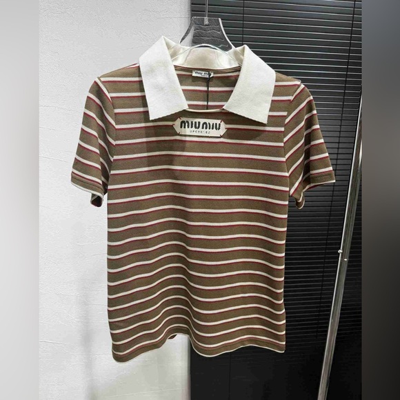 Miu Miu Brown and White Striped Long Sleeve Top - Picture 1 of 4